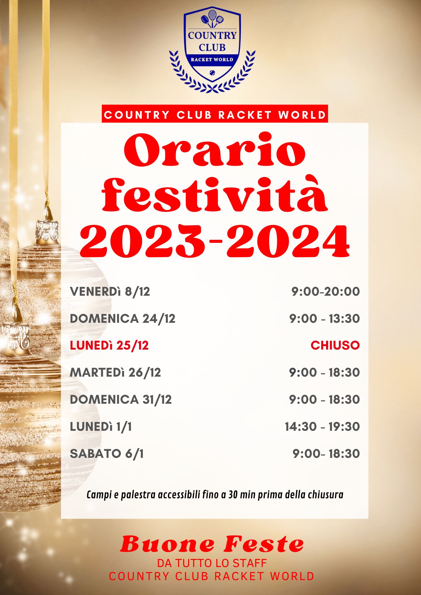 ORARI APERTURA FESTIVITà 2023/2024 | Country Club Bologna